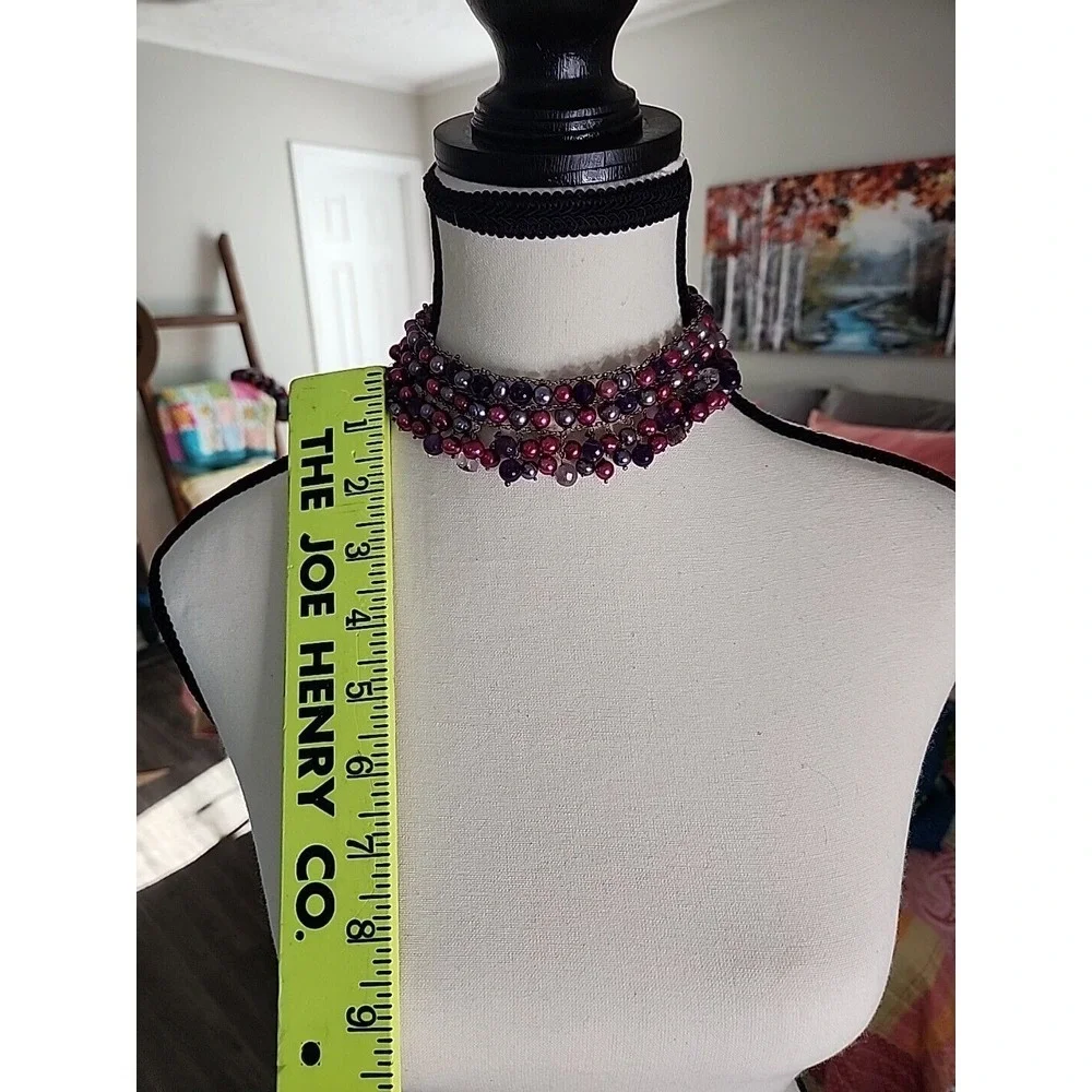 Purple Burgundy Faux Pearl Beaded Multi Strand Bib Choker Necklace Gunmetal Tone - Picture 4 of 5